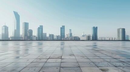 Obraz premium Empty square floor with city skyline background, City skyline with winter sunrise, frosty urban landscape