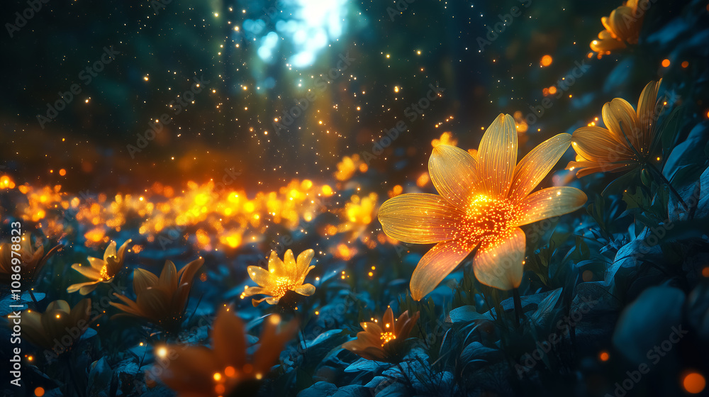 Poster vibrant flowers illuminated by magical light in a serene forest during twilight hours inviting tranq