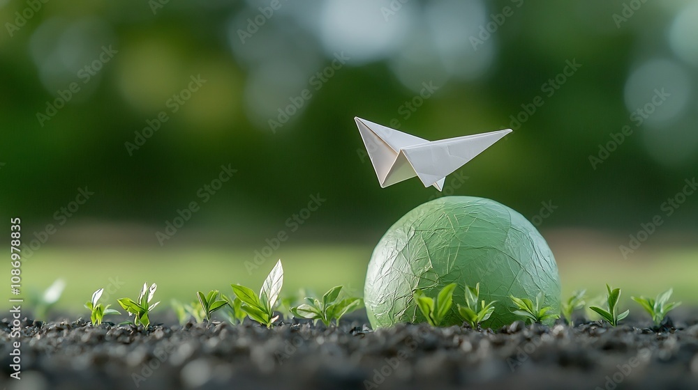Aufkleber close up of a paper airplane flying and gliding gracefully around a large green globe representing r