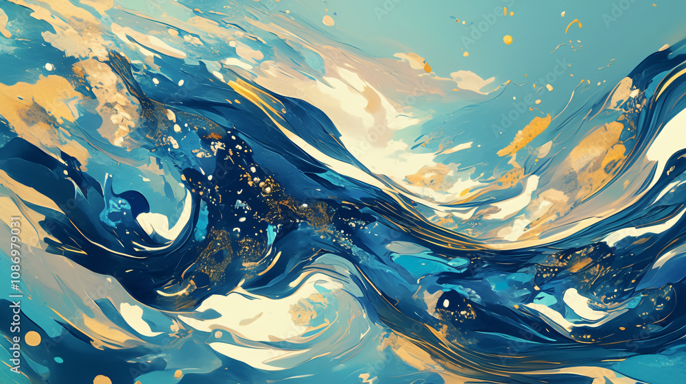 Poster an abstract wave design showcasing fluid movement in shades of blue and gold, creating a captivating