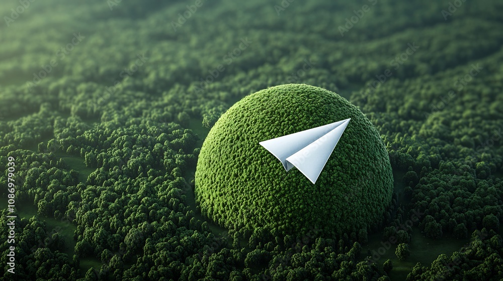 Poster Conceptual image of a paper airplane orbiting a large green planet symbolizing the intersection of eco friendly energy innovative technology and a sustainable future for our world