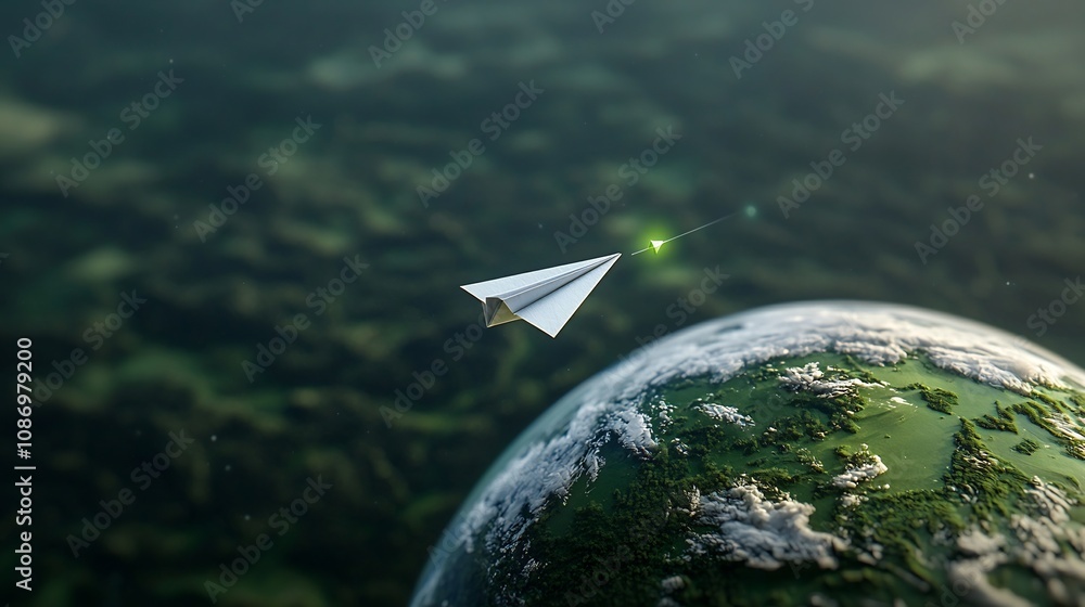 Poster closeup view of a paper plane orbiting a green lush planet earth symbolizing the use of clean renewa