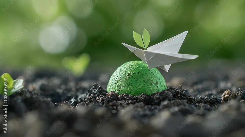 Poster Close up view of a paper plane orbiting a green lush planet Earth showcasing the concepts of alternative energy sources and environmental sustainability for a cleaner greener future