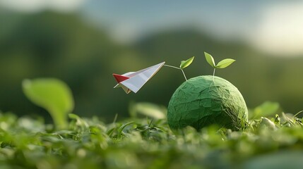 A close up view of a paper plane orbiting the green earth