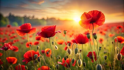 Vibrant Red Poppies Illuminated by the Warm Glow of a Sunset in a Lush Field