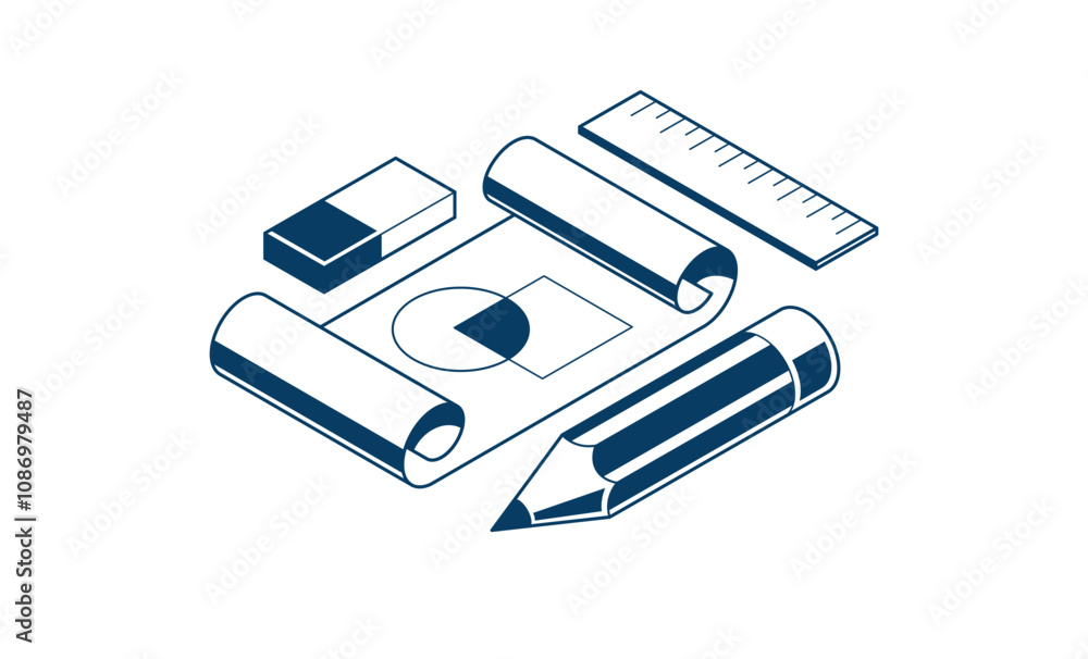 Poster engineering project concept, paper document blueprint with pencil engineer work job vector 3d isomet
