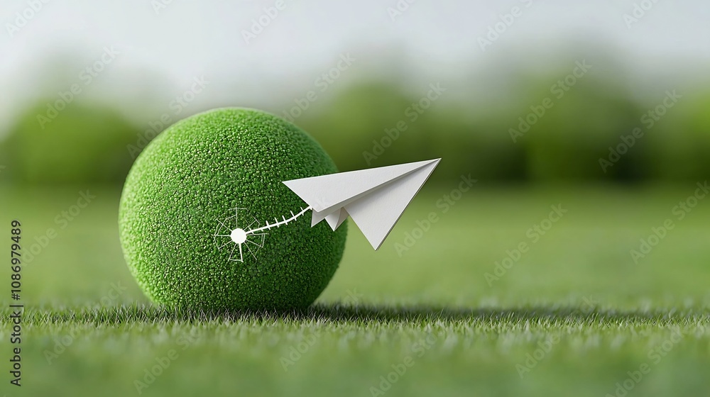 Poster paper airplane in graceful flight circling a large green globe symbolizing clean energy and renewabl