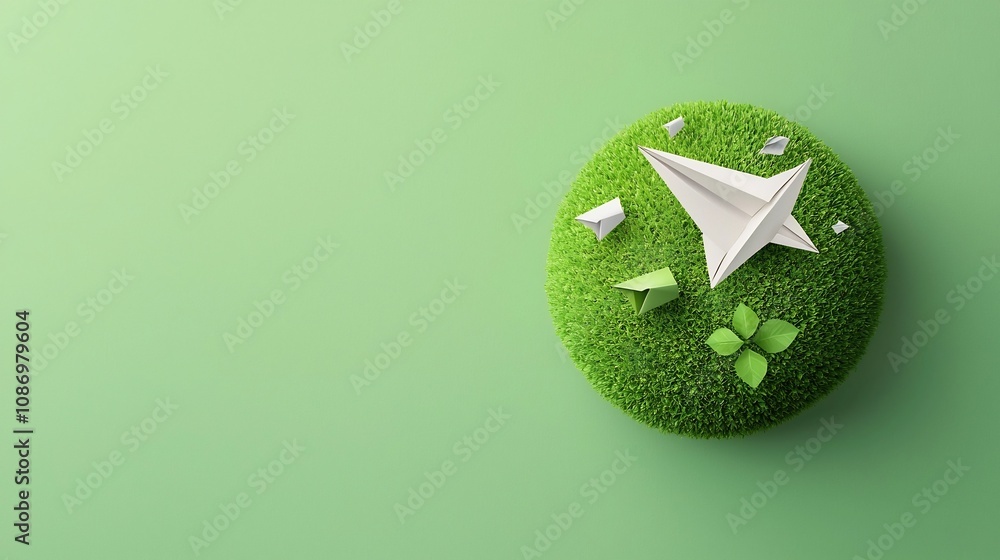 Poster a graceful paper airplane soaring around a green planet symbolizing the power of renewable energy an
