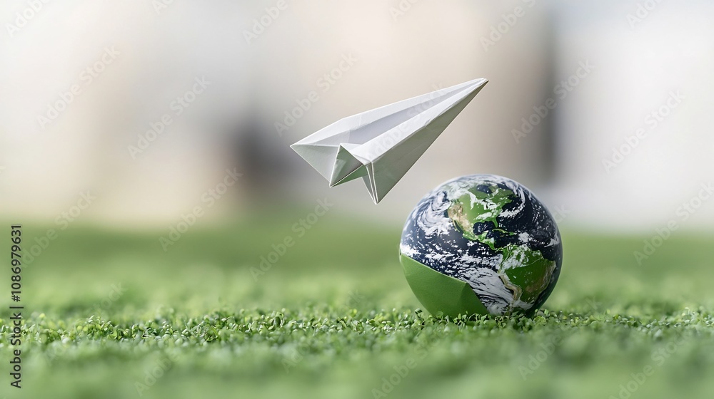 Aufkleber eco friendly paper airplane flying around a green globe representing innovative and sustainable tech