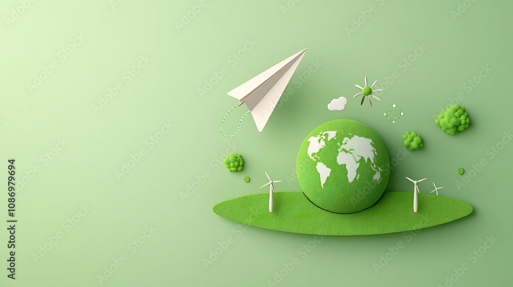 Aufkleber paper airplane soaring over a lush green planet highlighting concepts of renewable energy and a sust
