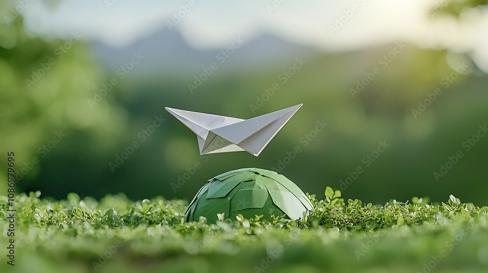 Aufkleber close up view of a paper airplane soaring gracefully around a green planet symbolizing innovative ec