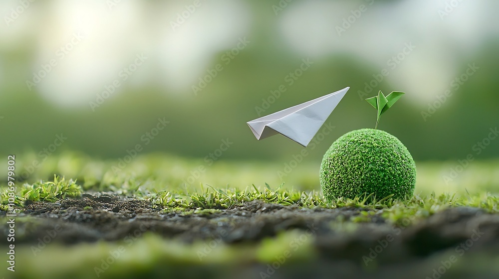 Poster close up of a paper airplane orbiting a green planet symbolizing the innovative solutions and enviro