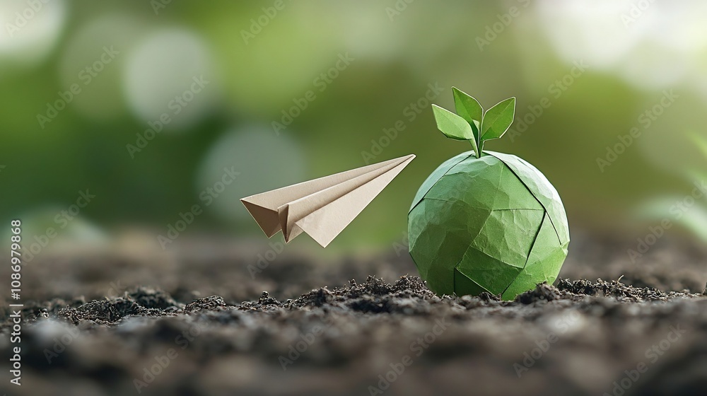 Poster creative conceptual image of a paper airplane orbiting a green planet symbolizing innovative solutio