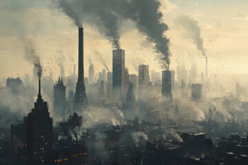 Obraz premium A Smog-Filled Cityscape with Tall Buildings and Plumes of Smoke