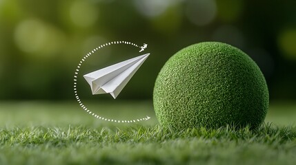 A paper airplane effortlessly circling a large green planet representing the sustainable and eco friendly future of clean energy technology