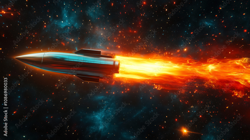 Poster rocket travels through the cosmos with flames trailing behind it, showcasing the vastness of space a