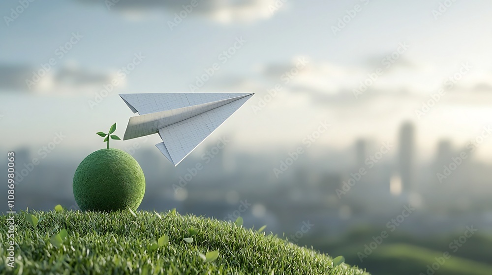 Aufkleber paper airplane orbiting green planet showcasing renewable energy and clean technology concepts for a