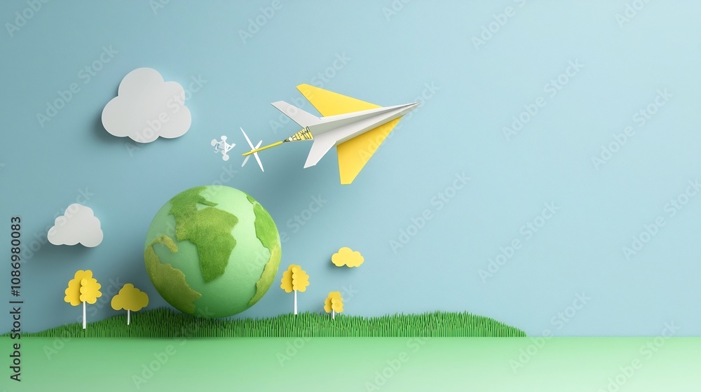 Poster Conceptual image of a paper airplane orbiting around a green planet showcasing the power of renewable energy and clean technology solutions for a sustainable future