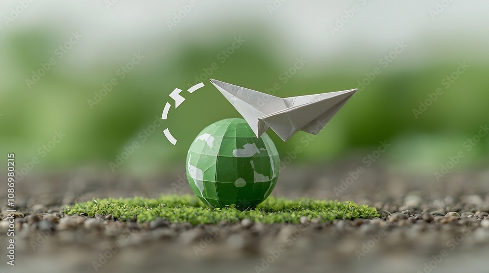 Aufkleber closeup view of a paper plane elegantly circling a green globe symbolizing sustainable energy soluti