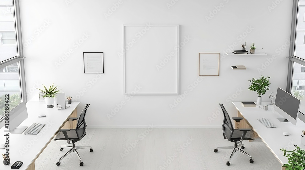 Poster overhead view of a modern minimalist office workspace with a frame mockup displayed on the wall and 
