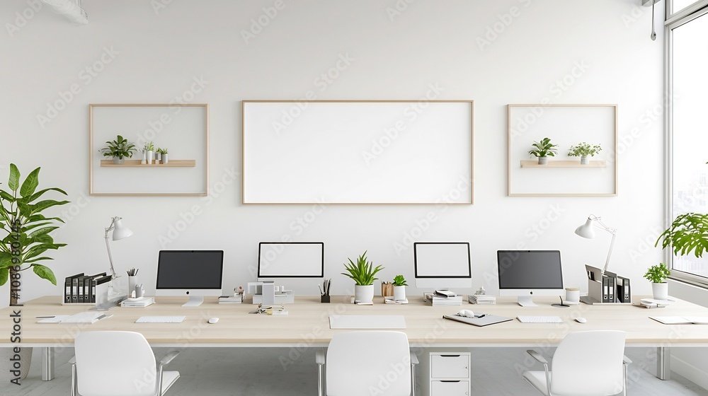 Leinwandbilder Overhead view of an organized office workspace with a frame mockup displayed on the modern wall interior  Multiple computers and desks create a clean minimalist and efficient workstation setup