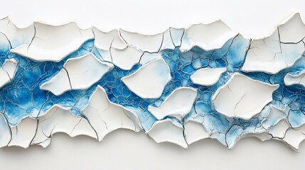 Abstract blue and white ceramic artwork with cracked texture.