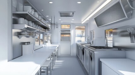 Modern Food Truck Kitchen Interior with Stainless Steel Appliances