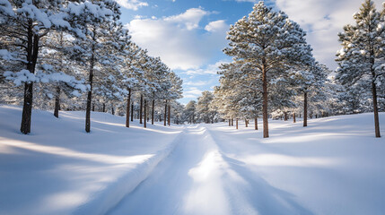 Fototapeta premium Snowy Path Through Pine Forest