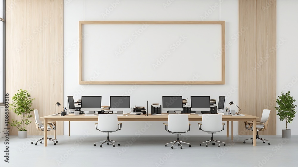 Aufkleber minimalist frame mockup displayed on a stylish room wall and an aerial view of an organized office d