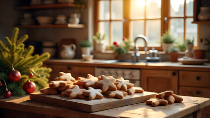 Festive Alpine Kitchen Gathering with Traditional Tyrolean Lebkuchen Cookies and Cozy Holiday Decorations