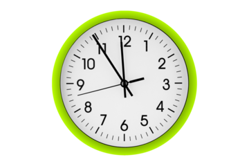 Green watch, wall clock 11 hours 45 minutes on isolated or white background close up