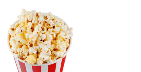 Classic red striped popcorn cardboard cup on isolated and white background close-up