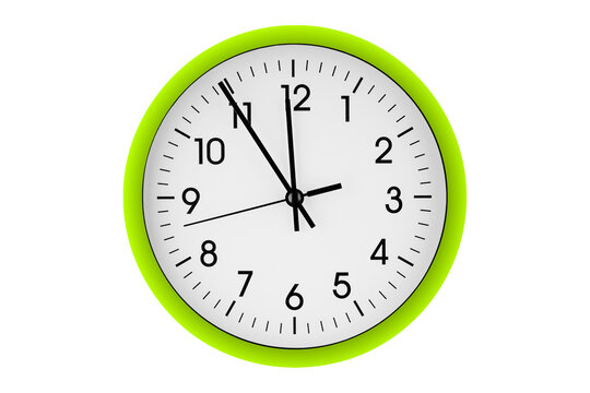 Green watch, wall clock 11 hours 45 minutes on isolated or white background close up