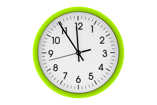 Green watch, wall clock 11 hours 45 minutes on isolated or white background close up