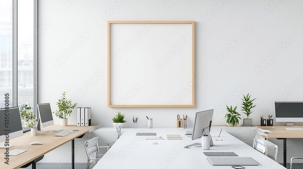 Poster overhead view of a minimalist modern interior mockup with a framed wall display and a neatly organiz