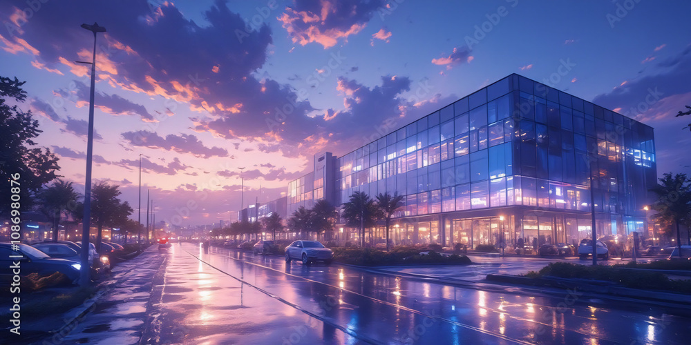 Poster an urban scene with modern architecture illuminated by colorful lights during twilight, reflecting o