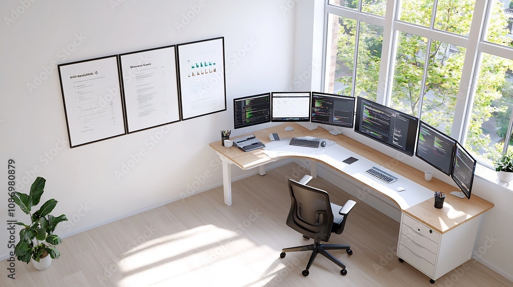 Aufkleber cozy wall poster mockup and aerial view of a professional office desk setup with multiple monitors i