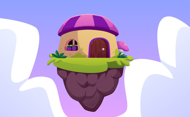Illustration of a flying platform with green grass and a mushroom-shaped house with a purple roof.