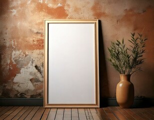 poster art mick up an empty frame leaning against an attractive vintage wall , A4 dimensions blank frame 