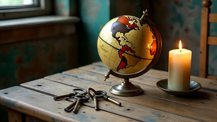 A Weathered Table Displaying an Antique Globe, Vintage Keys, and a Flickering Candle Amidst Artistic Touches