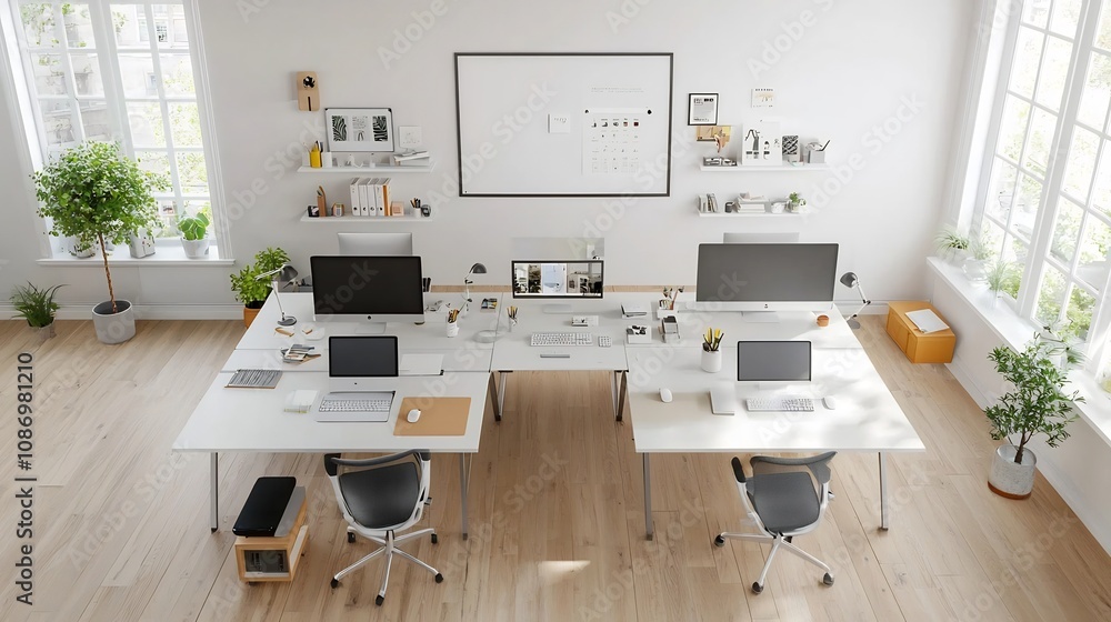 Poster Wall poster mockup displayed in a modern interior with a house decor background  Organized workspace setup with multiple computers viewed from above