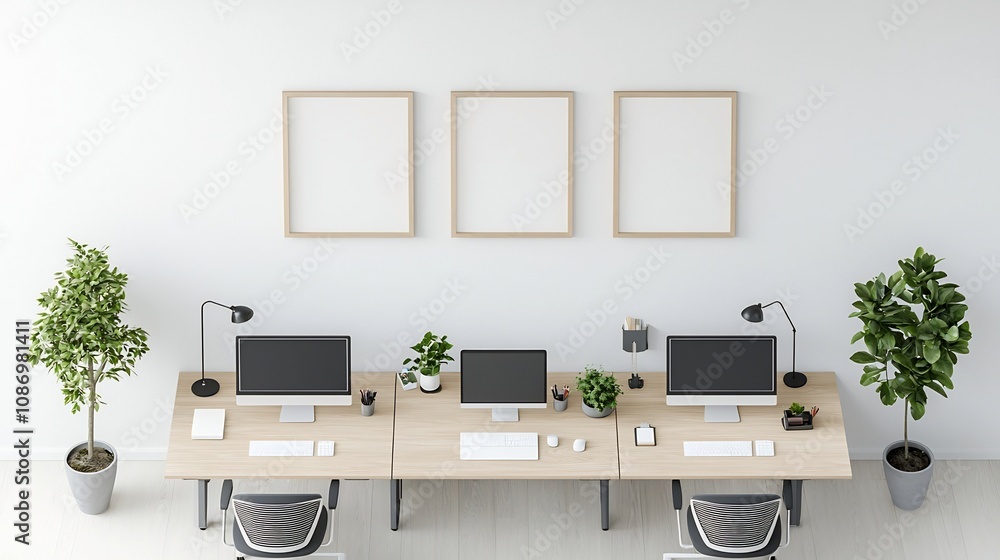 Aufkleber minimalist home interior with frame mockup display on the wall and an aerial view of a neatly organi