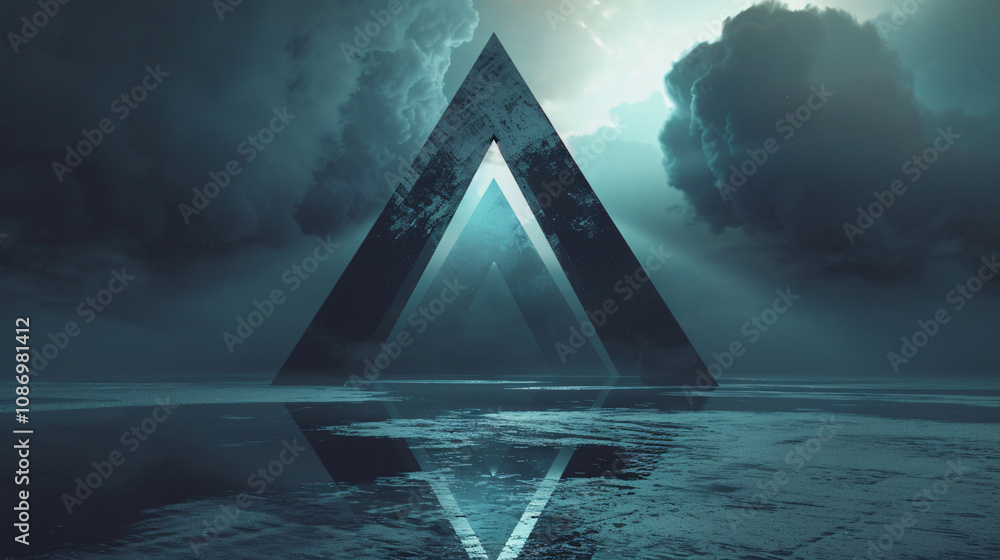 Poster a surreal image featuring a large triangular structure reflecting in calm waters, surrounded by dram