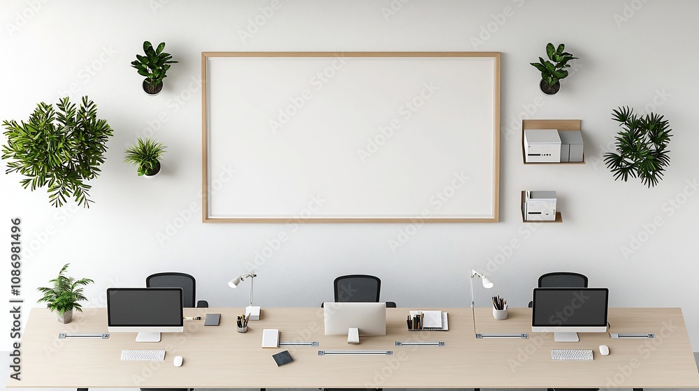 Poster minimalist and modern home office workspace with frame mockup displayed on the wall and an aerial vi