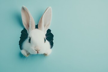 Obraz premium White easter bunny peeking through hole in light pastel blue background