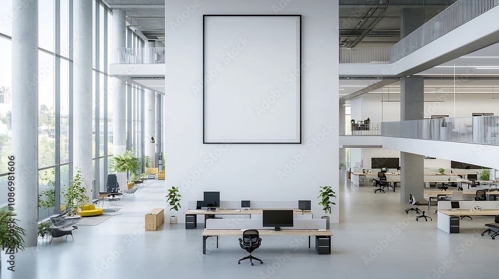 Leinwandbilder Spacious and organized 3D rendered office workspace with a poster frame on the wall showcasing a top down view of a minimalist and professional work environment