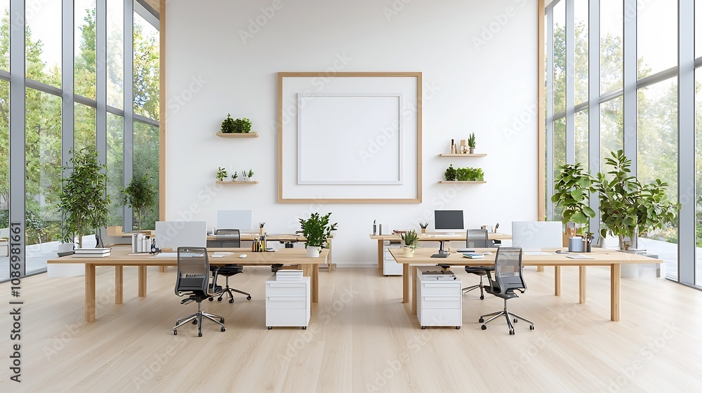 Poster Spacious and Organized 3D Rendered Office Workspace with Poster Frame Mockup on the Wall   Minimalist and Clean Interior Design Scene for Corporate or Professional Environments