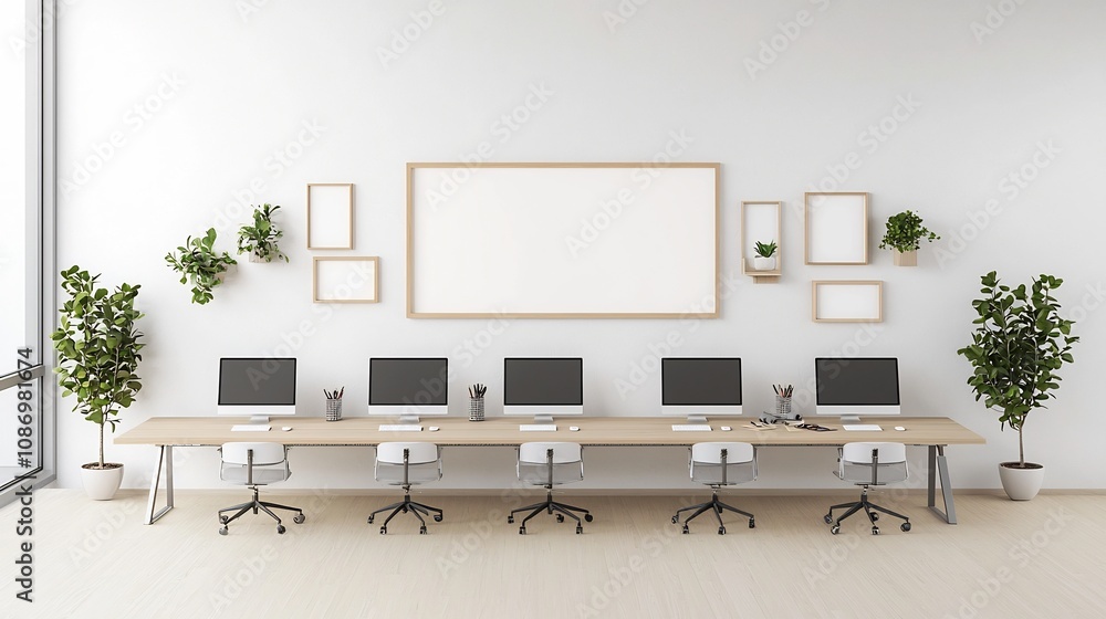 Fototapete sleek and efficient modern home workspace setup with wall frame mockup and aerial view of the clean 