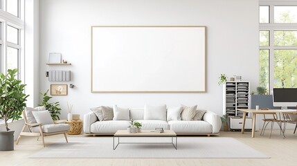 Elegant Wall Poster Mockup Showcasing a Cozy Home Interior with Modern Furniture and Decor Alongside an Aerial View of an Organized and Efficient Office Workspace with Computers in a 3D Rendered
