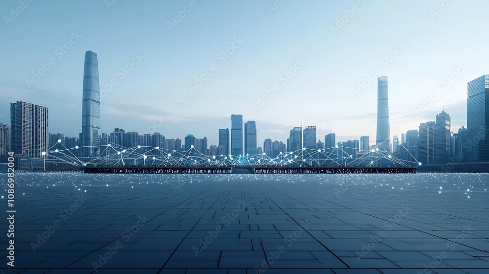 Poster Expansive view of a pier with a global digital network and interconnected nodes in front of a futuristic modern cityscape with skyscrapers and high tech infrastructure